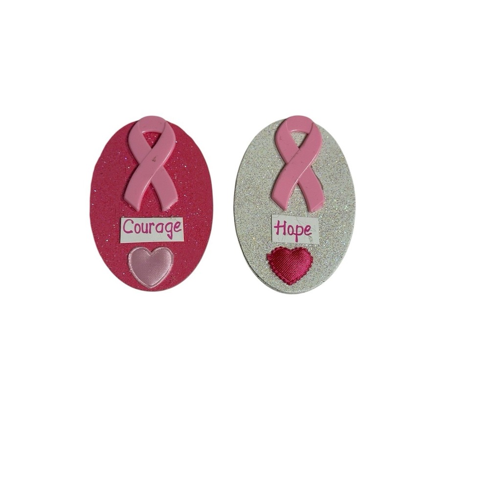 2 awareness ribbon magnets pink white courage hope handmade